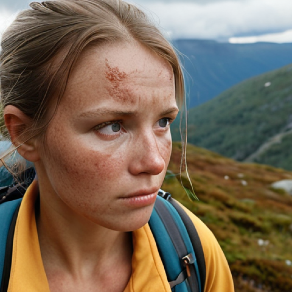 **Image Prompt:** Woman hiking in the Swedish mountains on a cloudy day, neglecting sunscreen. Focus on the subtle sunburn on her face. Serene but cautionary.
