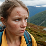 **Image Prompt:** Woman hiking in the Swedish mountains on a cloudy day, neglecting sunscreen. Focus on the subtle sunburn on her face. Serene but cautionary.