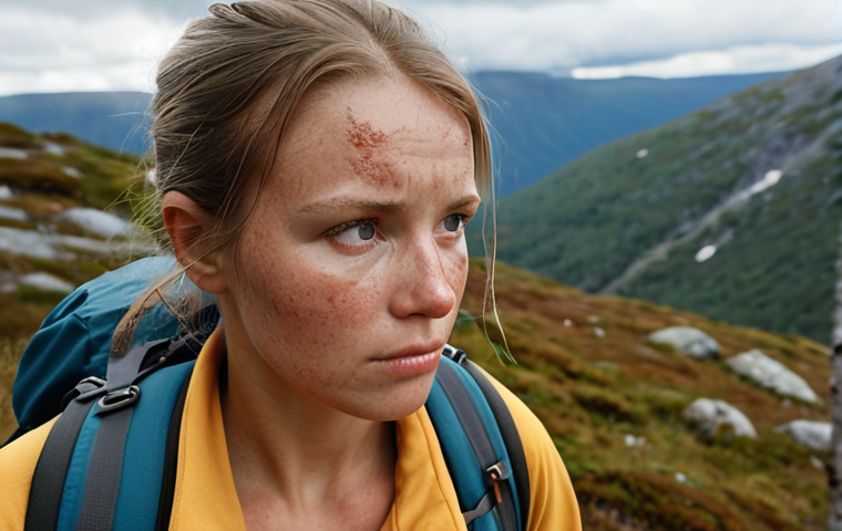 **Image Prompt:** Woman hiking in the Swedish mountains on a cloudy day, neglecting sunscreen. Focus on the subtle sunburn on her face. Serene but cautionary.