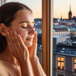 **

A woman with glowing skin is gently massaging her face with cleansing oil in a modern Stockholm apartment with a view of the city. Focus on the soft lighting and the feeling of relaxation and cleanliness.

**