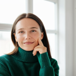 A serene, professional woman with clear, radiant skin in a modest, high-neck sweater, gently touching her cheek, conveying a sense of calm and long-term skin health. The setting is a brightly lit, minimalist Scandinavian bathroom with soft, natural light filtering through a window, a single green plant in the background. The focus is on the healthy, balanced complexion. safe for work, appropriate content, fully clothed, professional, perfect anatomy, correct proportions, natural pose, well-formed hands, proper finger count, natural body proportions, professional photography, high quality.