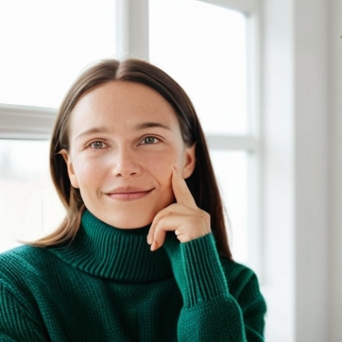A serene, professional woman with clear, radiant skin in a modest, high-neck sweater, gently touching her cheek, conveying a sense of calm and long-term skin health. The setting is a brightly lit, minimalist Scandinavian bathroom with soft, natural light filtering through a window, a single green plant in the background. The focus is on the healthy, balanced complexion. safe for work, appropriate content, fully clothed, professional, perfect anatomy, correct proportions, natural pose, well-formed hands, proper finger count, natural body proportions, professional photography, high quality.