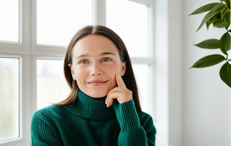 A serene, professional woman with clear, radiant skin in a modest, high-neck sweater, gently touching her cheek, conveying a sense of calm and long-term skin health. The setting is a brightly lit, minimalist Scandinavian bathroom with soft, natural light filtering through a window, a single green plant in the background. The focus is on the healthy, balanced complexion. safe for work, appropriate content, fully clothed, professional, perfect anatomy, correct proportions, natural pose, well-formed hands, proper finger count, natural body proportions, professional photography, high quality.